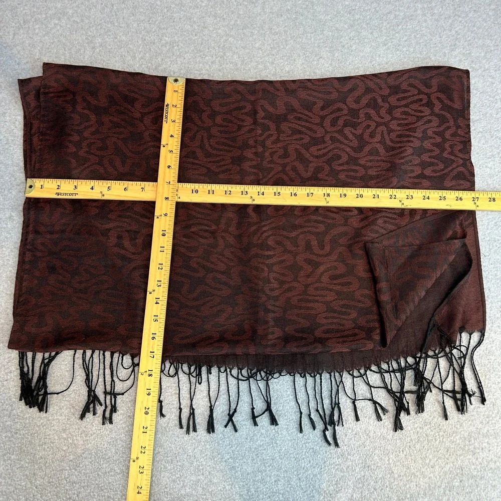 Wool Silk Blend Scarf Wrap Burgundy Black Abstract Doodle Squiggle Artsy Fringe